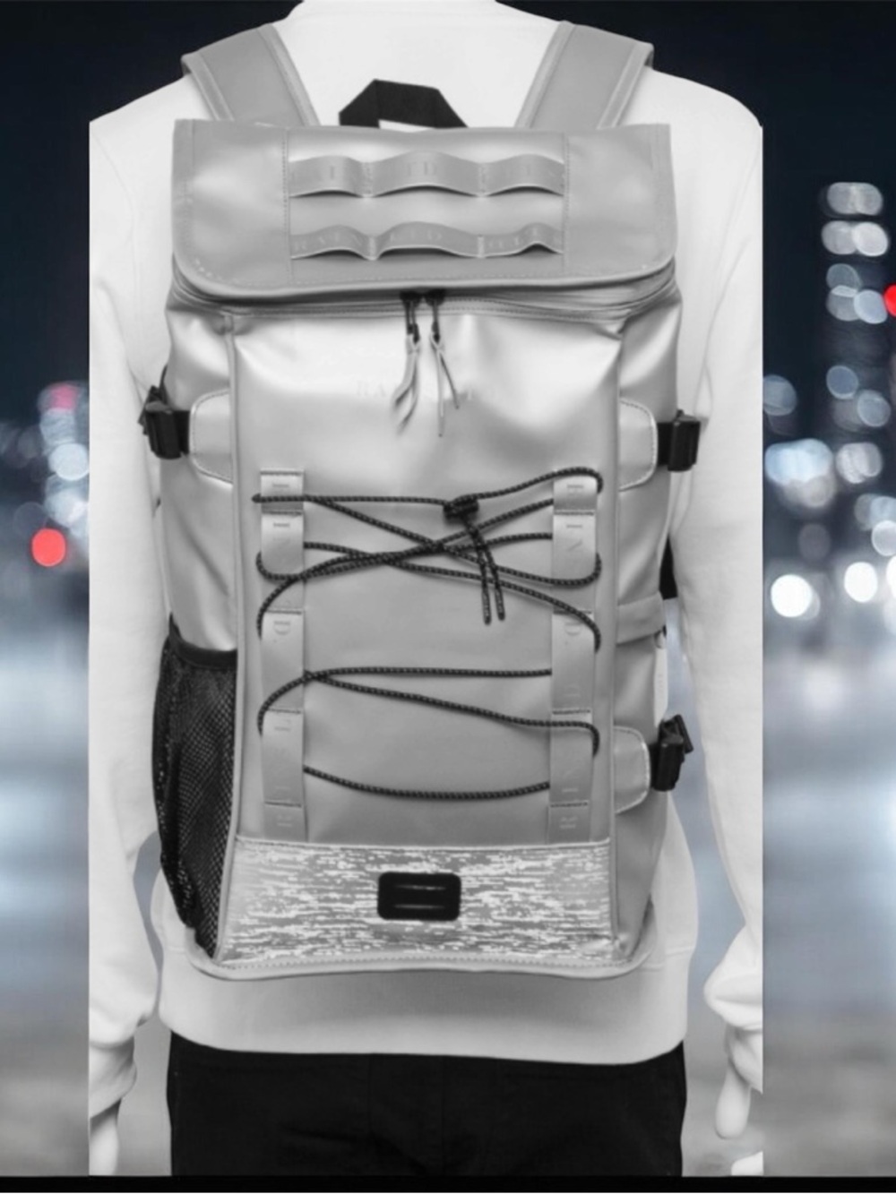 Rains LTD Mountaineer Bagpack Silver Waterproof Large Techwear w/h Bottle Pocket